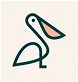 Minimalist line drawing of a pelican, inspired by Pismo Beach Resorts, with a curved beak and body outlined in dark green and a peach-colored section inside the beak, set against a light beige background.