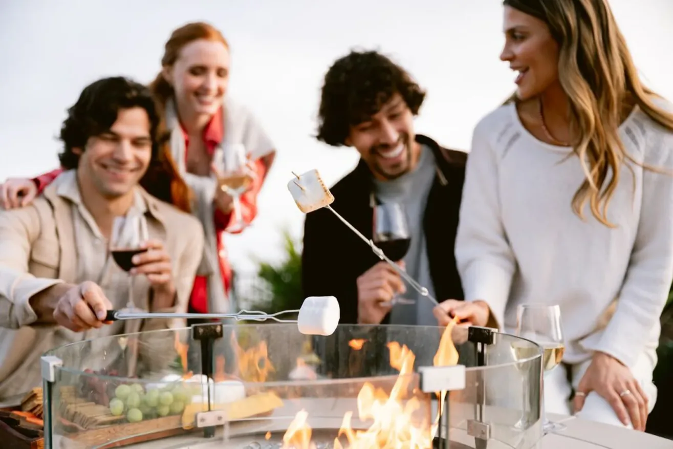 Four friends sit around an outdoor fire pit, smiling and toasting marshmallows on skewers while holding glasses of red wine. There is a platter of fruit and cheese on the table next to the fire.